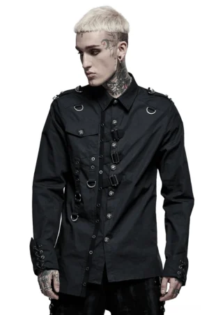 Black gothic asymmetric hardware shirt front three-quarter view on male model with visible metal D-rings and studs accents