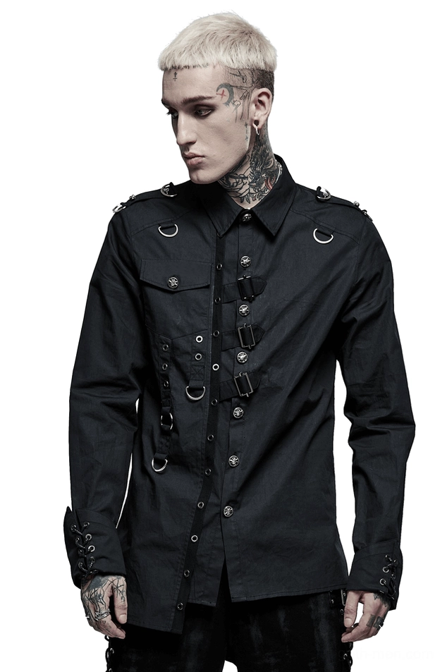 Black gothic asymmetric hardware shirt front three-quarter view on male model with visible metal D-rings and studs accents