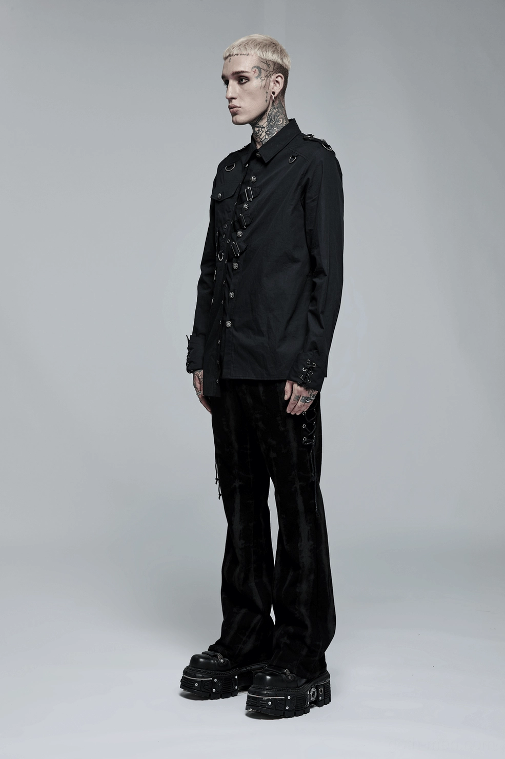Black gothic asymmetric punk shirt alternative angle showing uneven panel layout and industrial hardware placement
