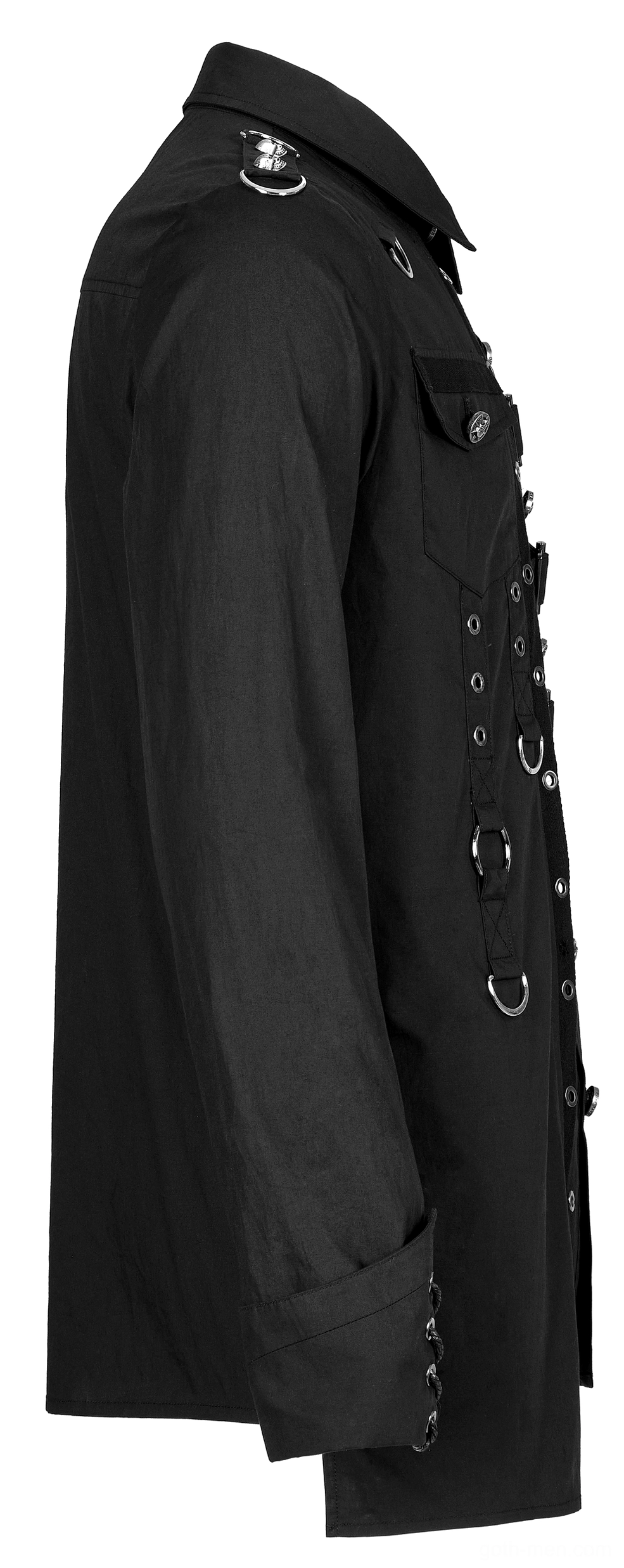 Black gothic asymmetric hardware shirt side flat lay view showing slim fit silhouette with side hardware accents