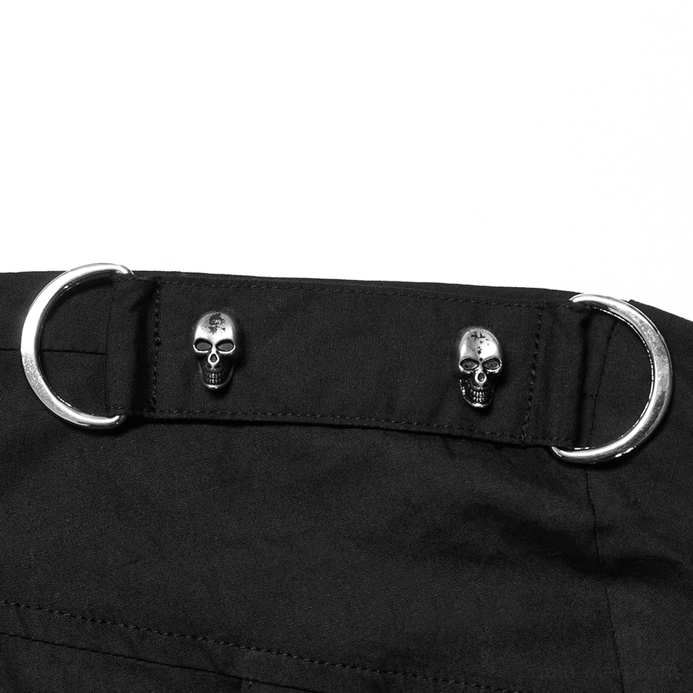 Black gothic asymmetric shirt hardware detail close-up featuring skull metal studs and D-rings decorative elements