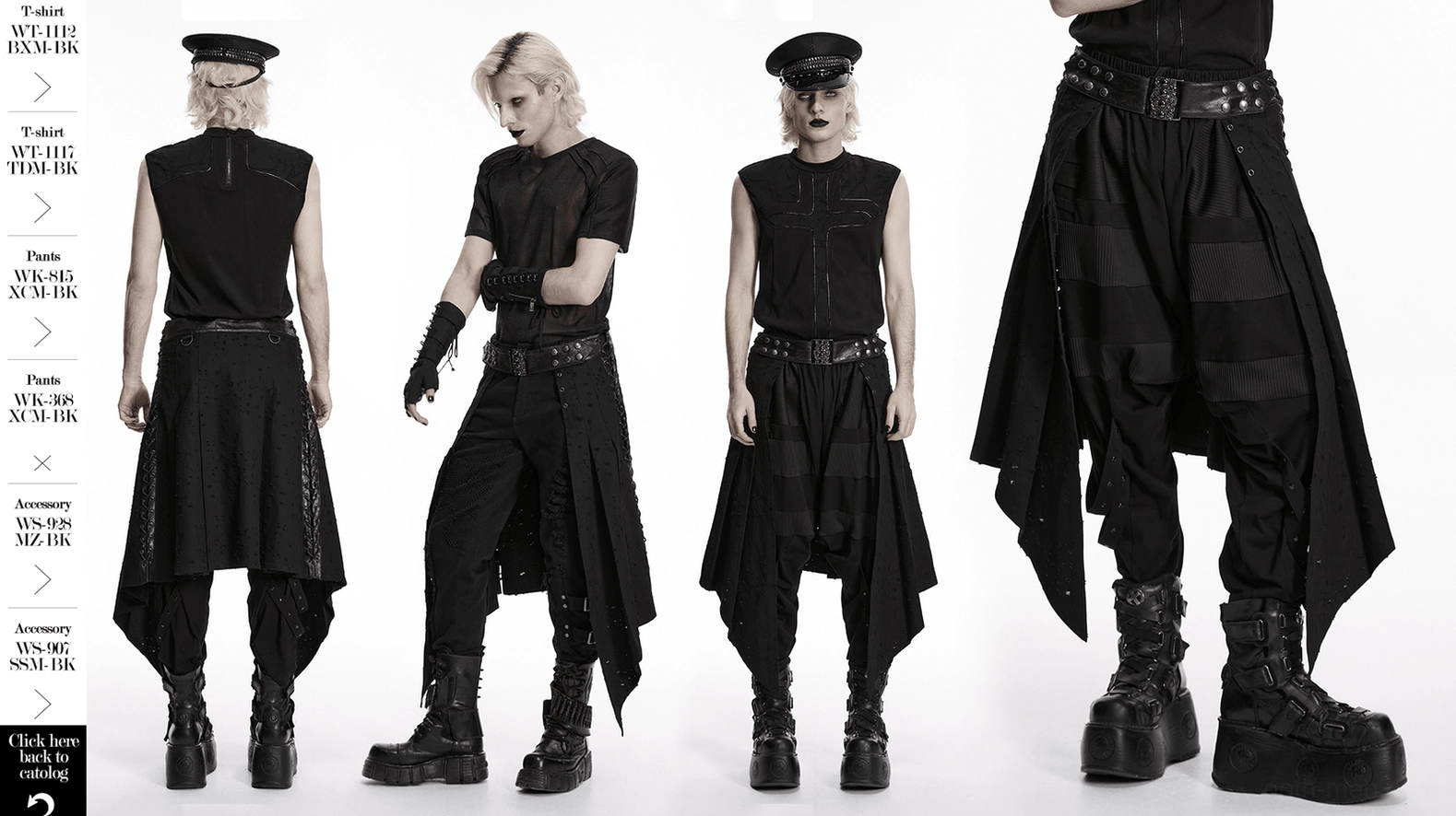 Black gothic asymmetrical skirt showing silhouette and fit with studded metal belt