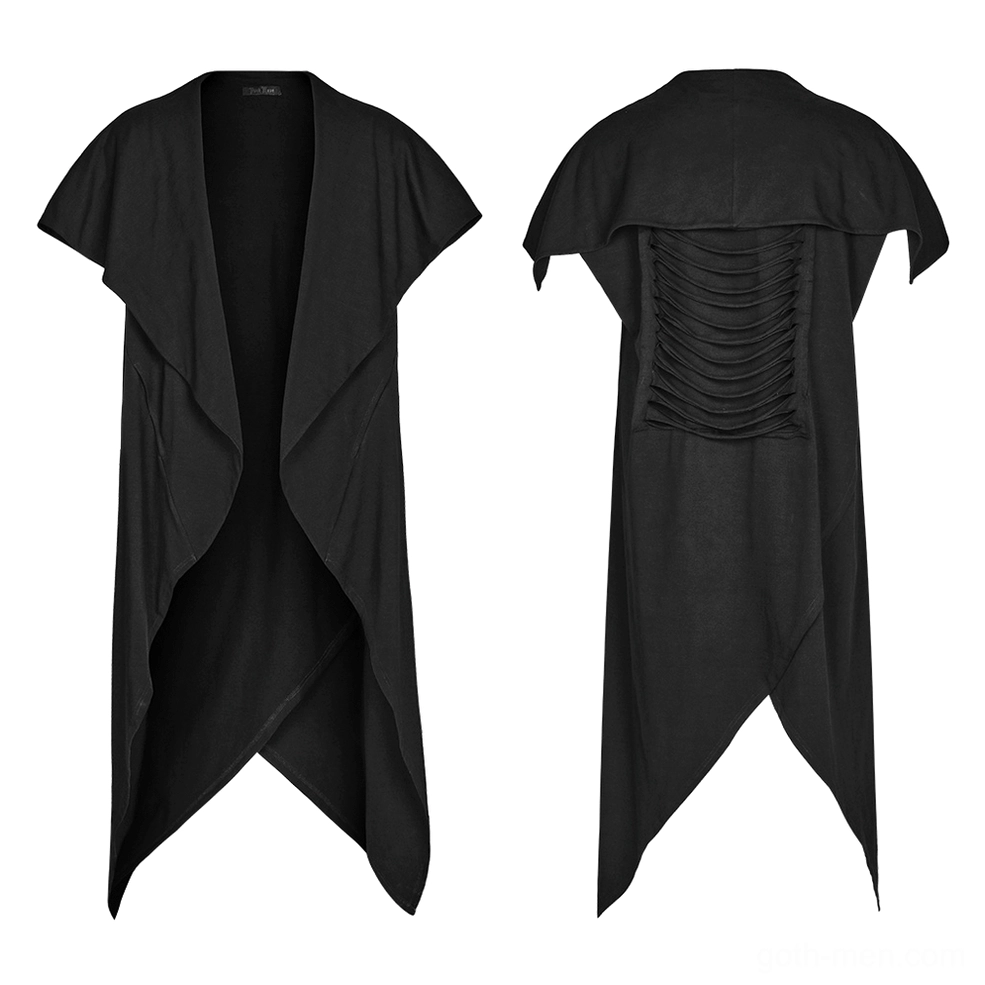 Black asymmetrical gothic knit vest flat lay front view with draped lapel and uneven hem