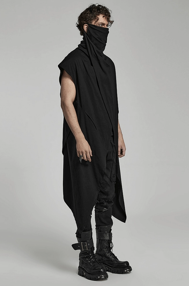 Black asymmetrical gothic knit vest full length studio photograph