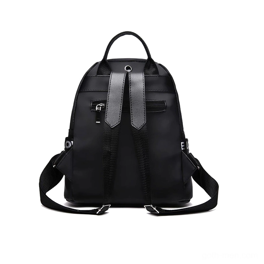 Black PU leather gothic backpack rear view showing leather top handle and reinforced shoulder straps