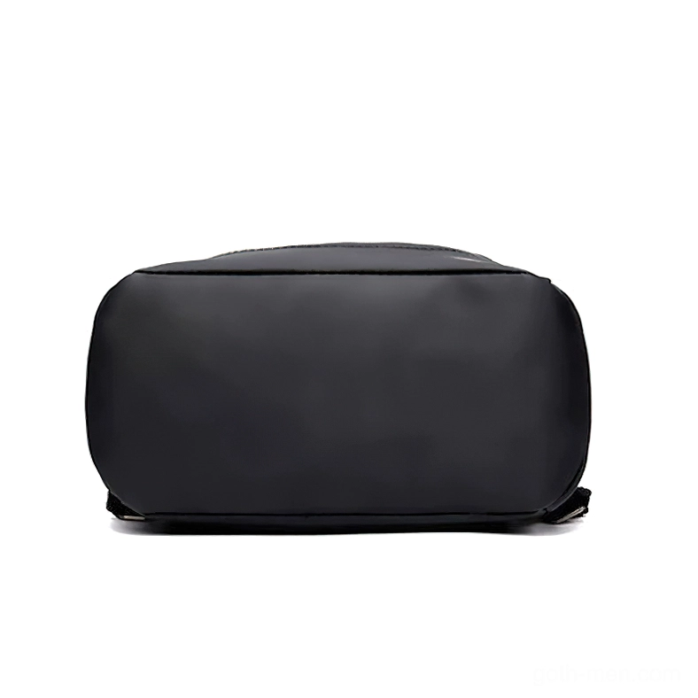 Black gothic leather backpack bottom panel view showing flat rigid base and neat stitched seams
