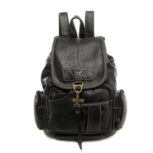 Black vintage PU leather gothic backpack front view with distressed leather texture and metal flap lock closure
