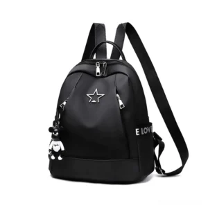 Black gothic PU leather backpack with star ornament and bear pendant charm, front three-quarter view with E LOVE letter print
