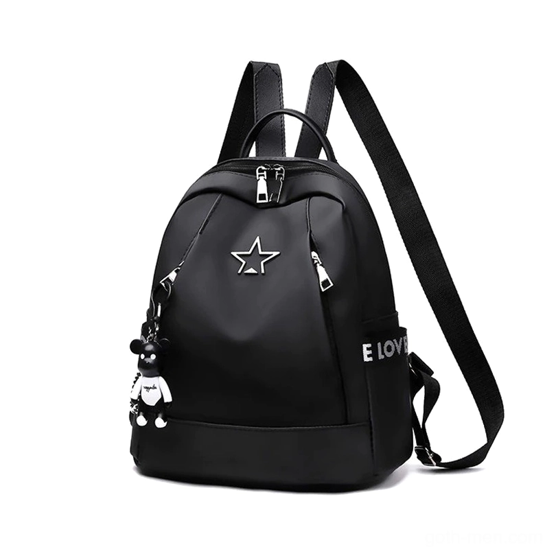 Black gothic PU leather backpack with star ornament and bear pendant charm, front three-quarter view with E LOVE letter print