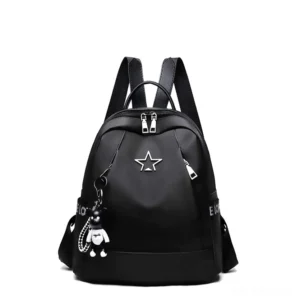 Gothic black leather backpack compact design front view with dual front zippers and decorative star charms