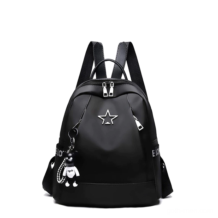 Gothic black leather backpack compact design front view with dual front zippers and decorative star charms