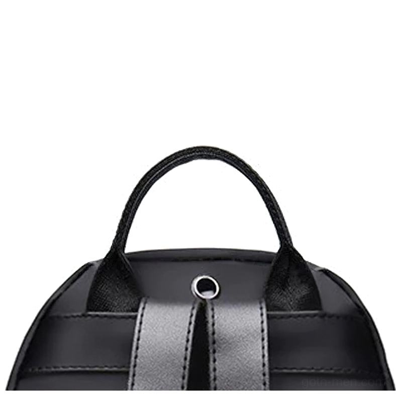Black gothic leather backpack top handle close-up showing premium leather construction and metal hanging loop