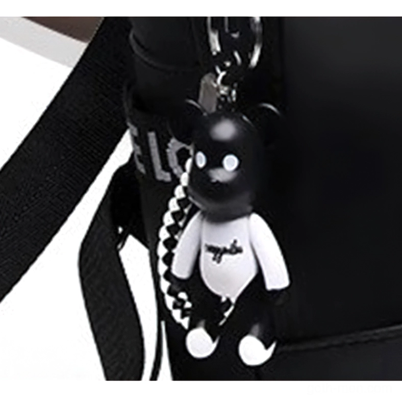 Black gothic leather backpack interior compartment view showing polyester lining and multi-pocket organization