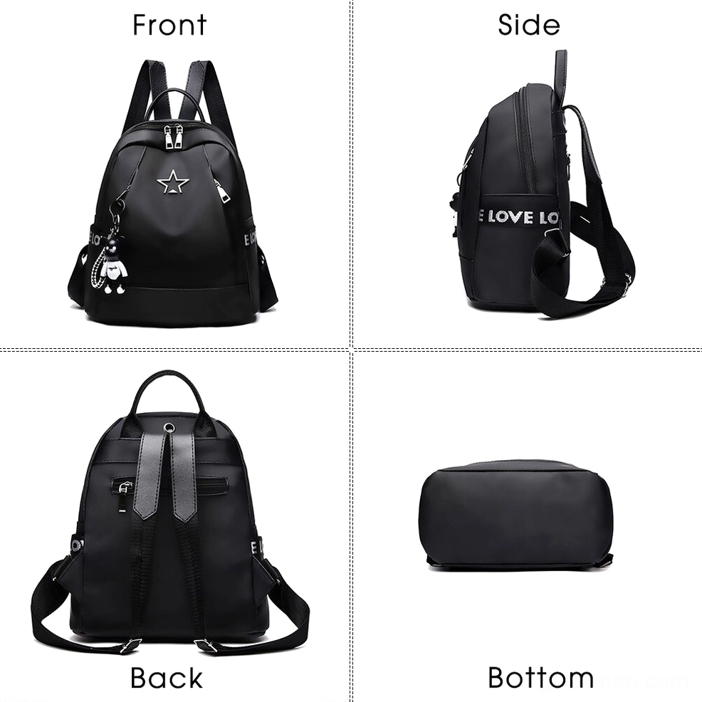 Black gothic PU leather backpack multi-view composition showing front side back and bottom perspectives