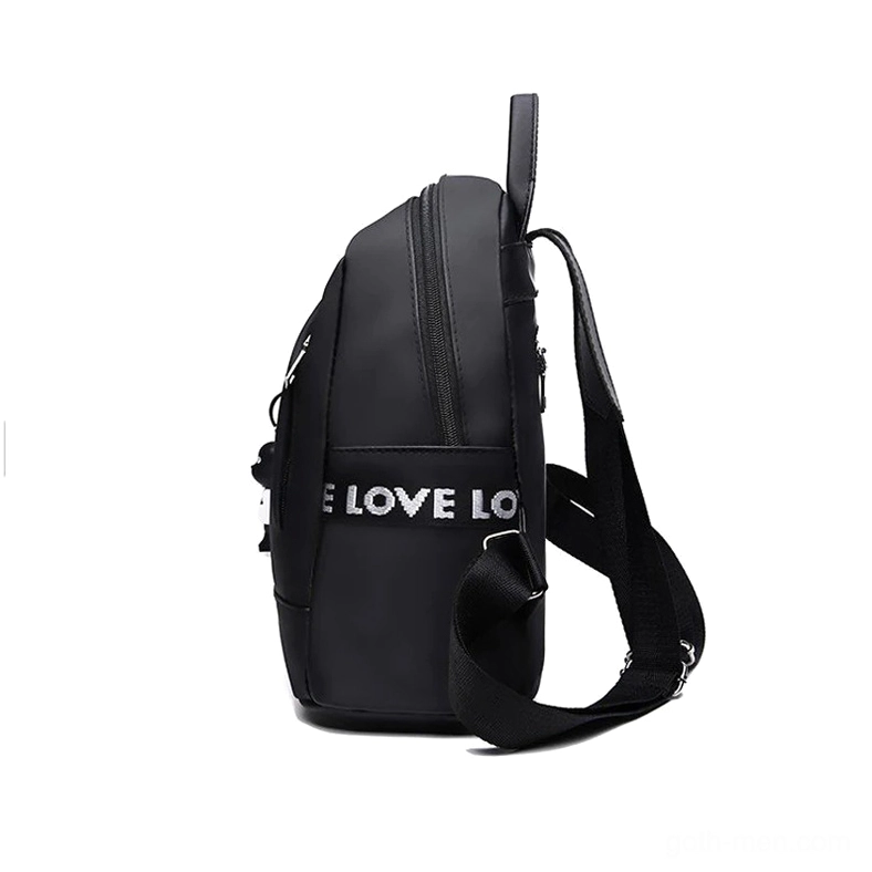 Black gothic PU leather backpack right side view with adjustable shoulder strap and E LOVE letter print
