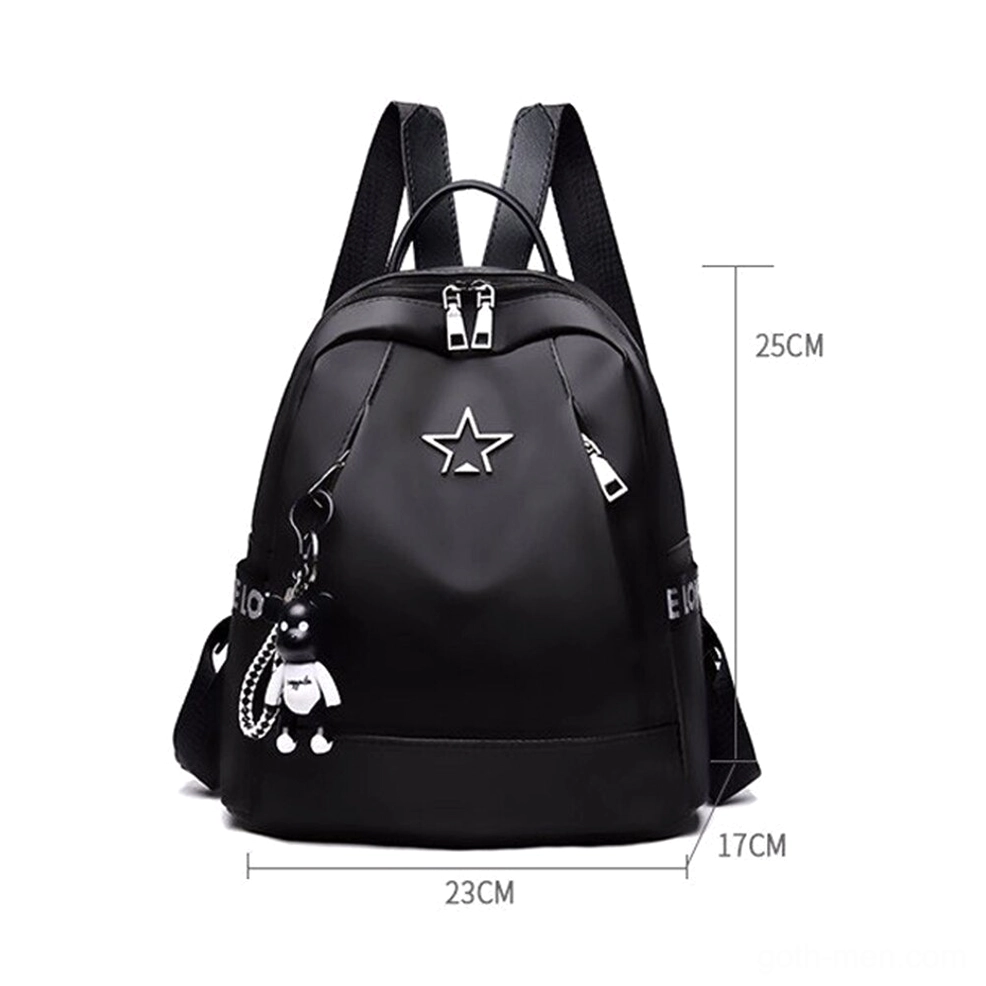 Black gothic leather backpack with size dimension markers 23x17x25cm front view with decorative bear keychain