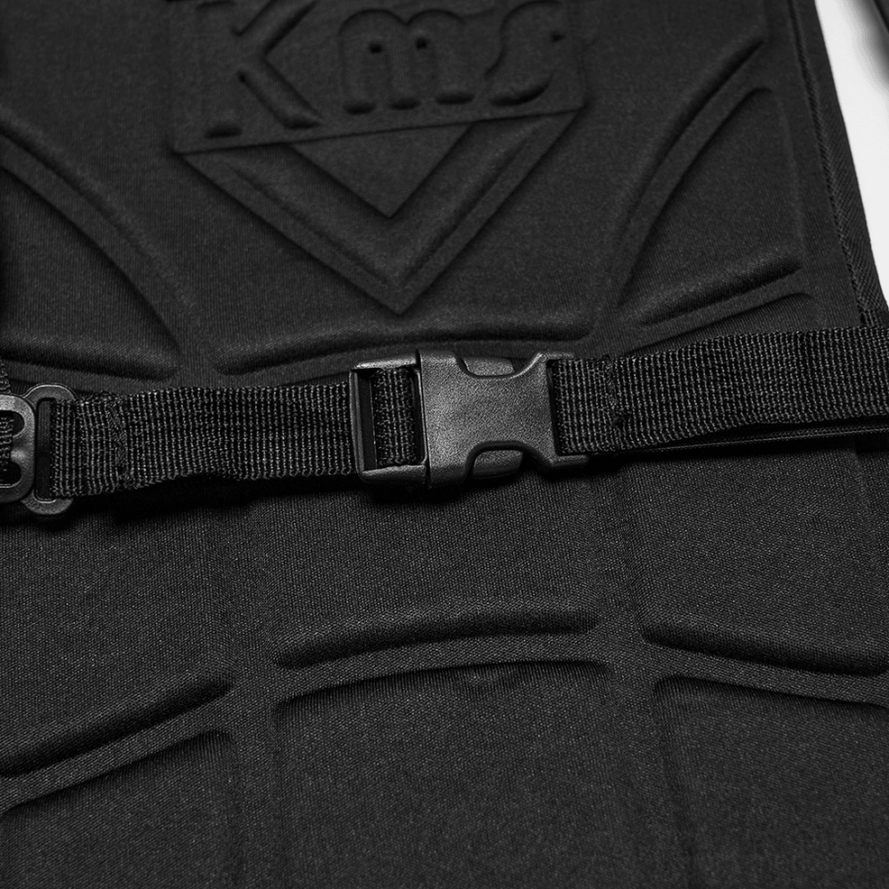 Black gothic tactical backpack with full chain harness and skull studs, angled three-quarter view showcasing industrial design