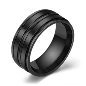 Black minimalist gothic band ring with double-grooved polished surface, 3/4 frontal view showcasing geometric design