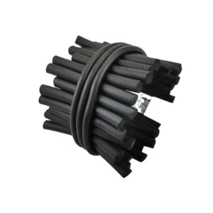 Handcrafted black rubber gothic bangle displaying tied cylindrical rod design from angled top view