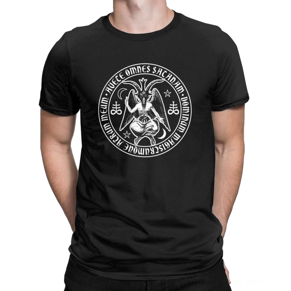 Male model in black Baphomet satanic cross gothic t-shirt, front pose with hands behind back