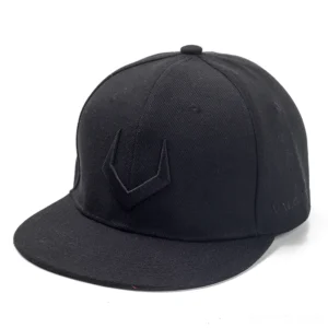 Solid black gothic baseball cap with dimensional 3D V embroidery, front side view showing woven cotton fabric texture