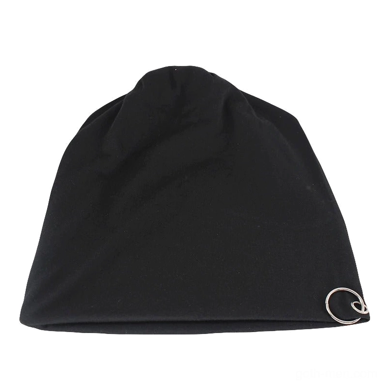 Black metal hoop gothic beanie flat lay front view, minimalist goth winter design