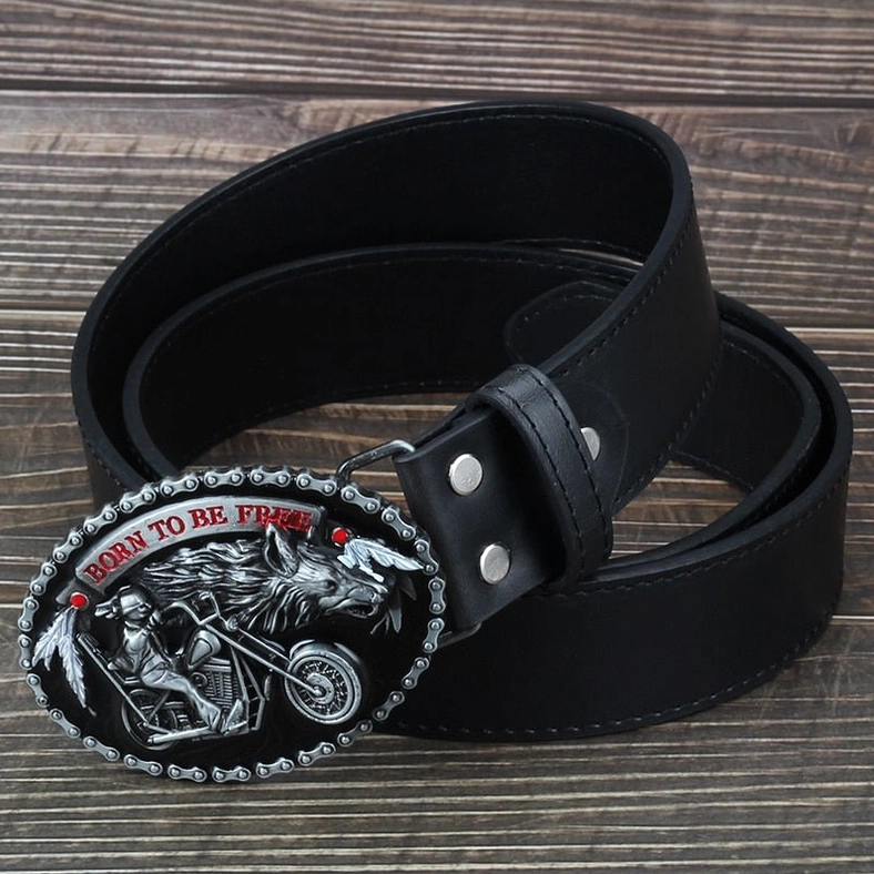 Black leather biker belt with motorcycle wolf gothic buckle wooden background