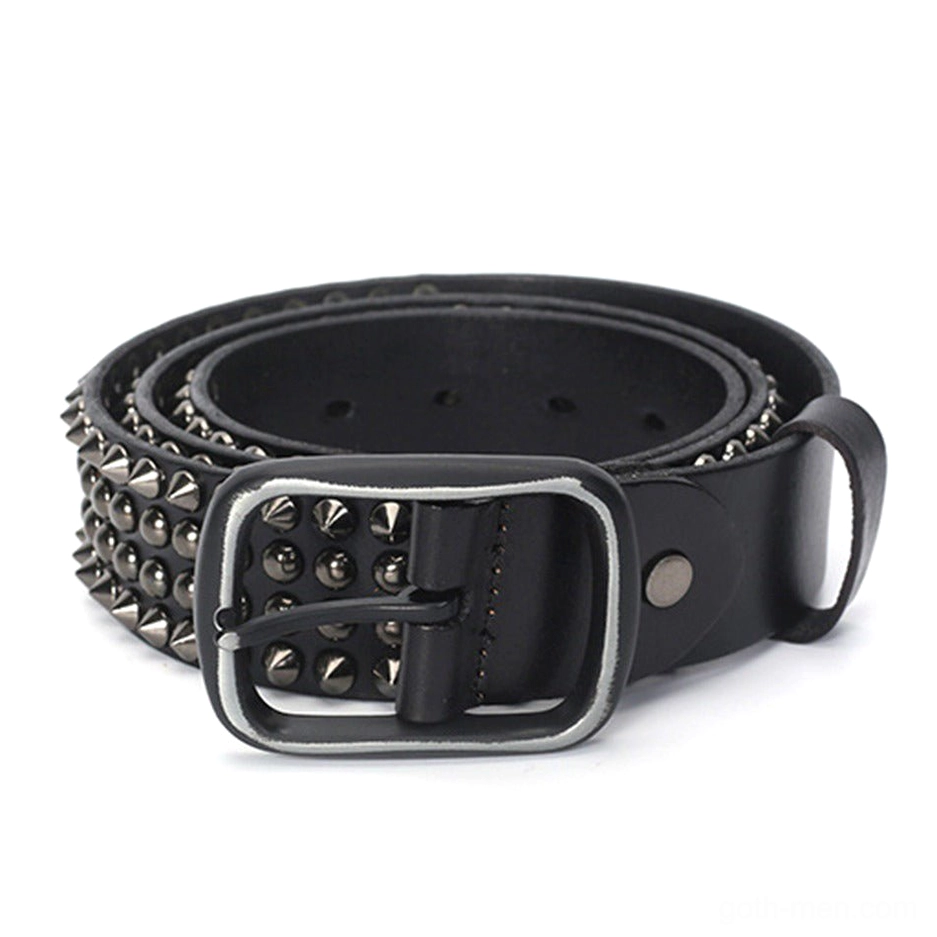 Black studded gothic pin belt coiled flat lay showing full strap and square buckle design