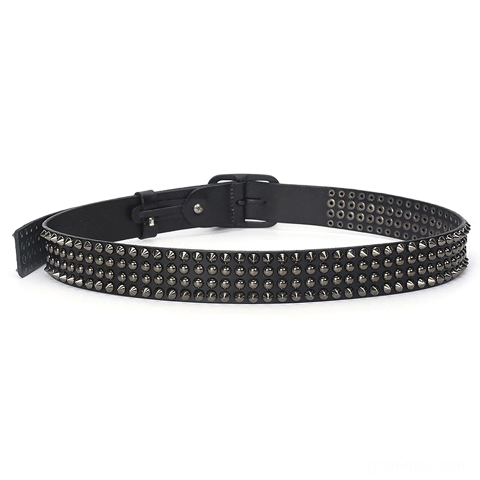 Black studded gothic belt side flat lay showing double row metal rivets and leather quality