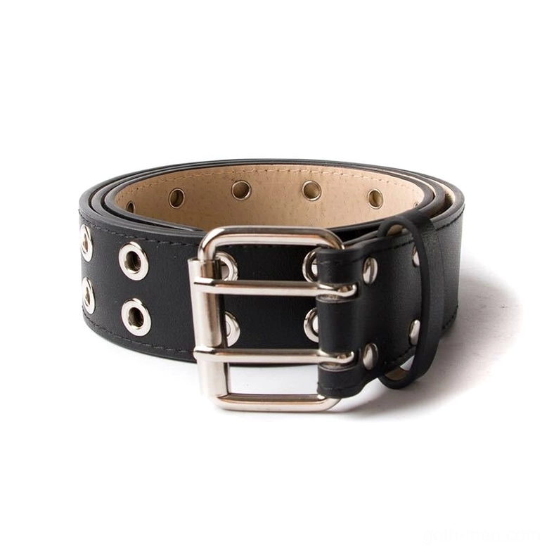 Black gothic rivet belt with dual pin buckles and double row metal eyelets, front perspective