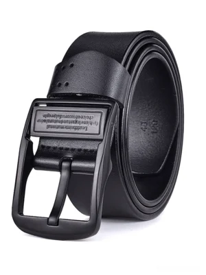 Black gothic leather belt with engraved matte black pin buckle, side view detail