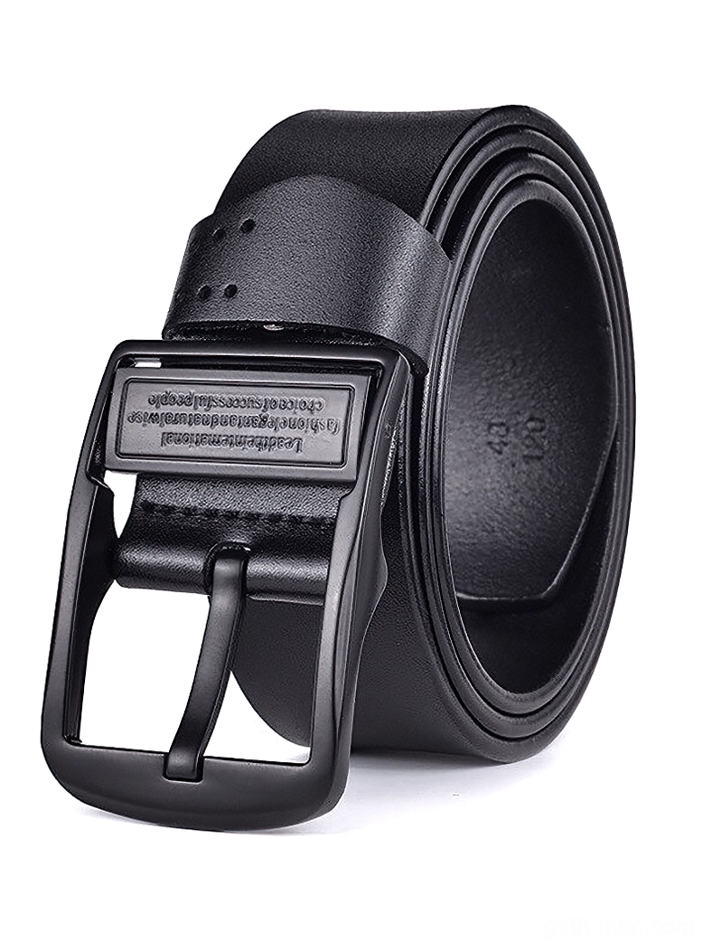 Black gothic leather belt with engraved matte black pin buckle, side view detail