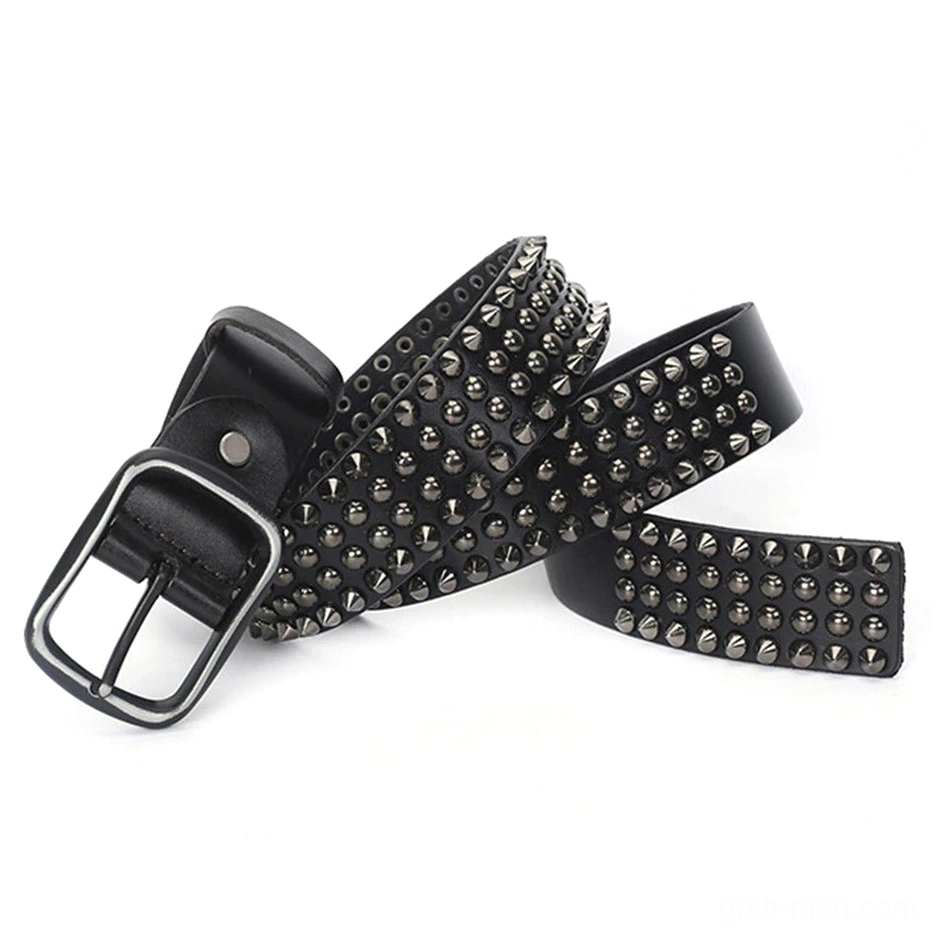 Black leather gothic pin belt side view showing multiple rows of metal studs and industrial rivets
