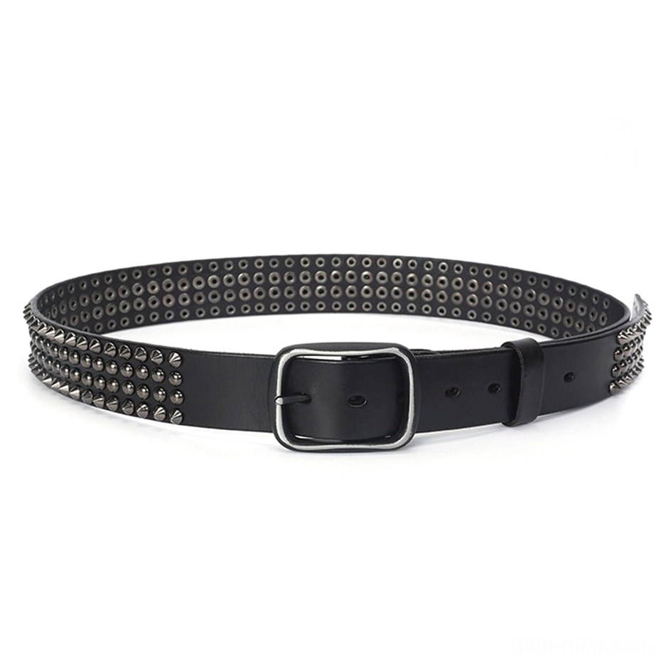 Black gothic leather belt top flat lay view with complete metal stud coverage across strap