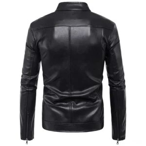 Black gothic rivet leather jacket rear view showing back seam detailing and zippered cuffs