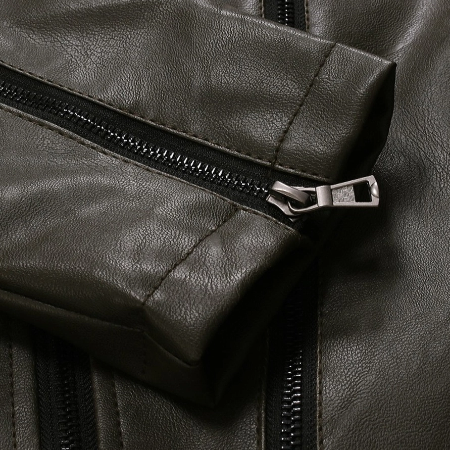 Black PU leather gothic moto jacket collar and zipper detail - turn-down collar styling