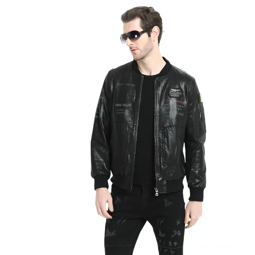 Black leather biker jacket front three-quarter view with ribbed bomber collar on model