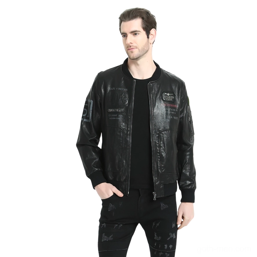 Black leather biker jacket with Indian head print front three-quarter view on male model
