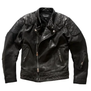 Black leather gothic biker jacket front flat lay display showing asymmetrical dual metal zippers and quilted shoulder design