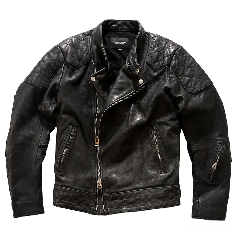 Black leather gothic biker jacket front flat lay display showing asymmetrical dual metal zippers and quilted shoulder design