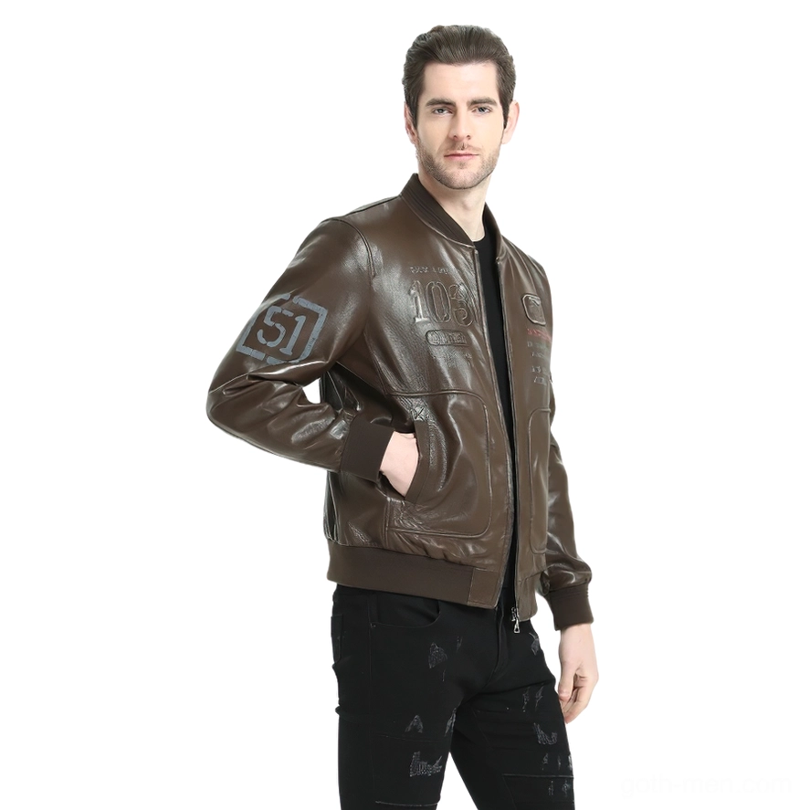 Black leather biker jacket full front view showing complete design and fit silhouette