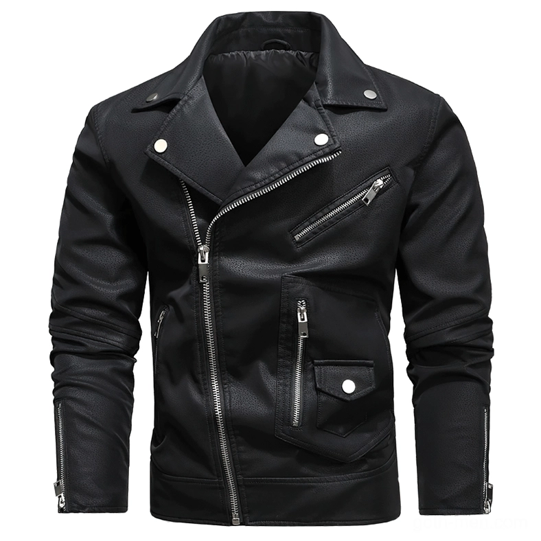 Black gothic biker jacket with lapel collar and asymmetrical zipper detail close-up