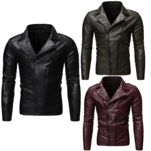 Black PU leather gothic biker jacket with oblique zipper front view - alternative moto style