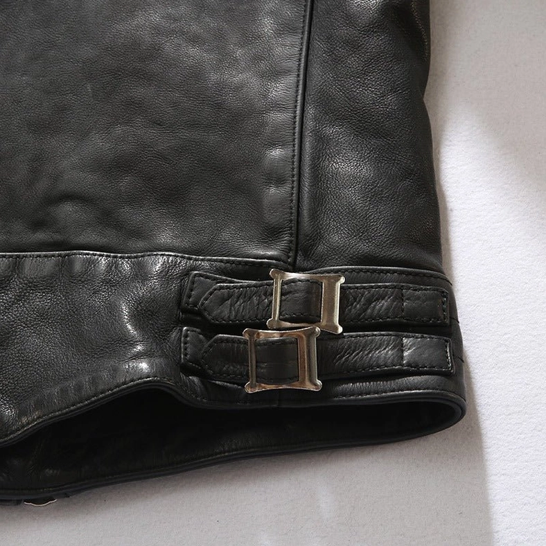 Premium black leather gothic biker jacket full product shot on white background showcasing minimalist design aesthetic