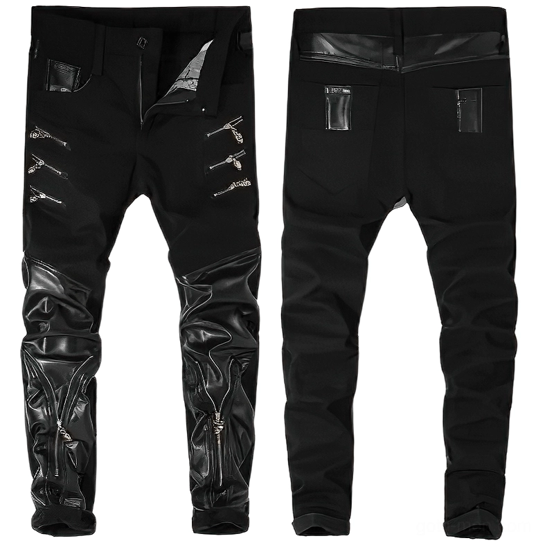 Flat lay display of black patchwork gothic biker trousers - front and rear dual view showing faux leather panels and decorative zippers