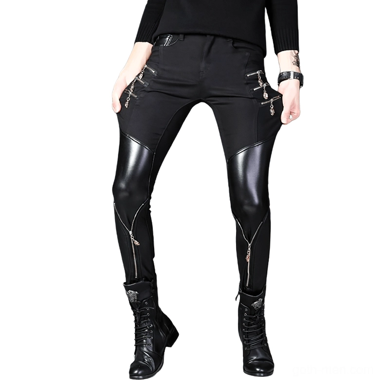 Lower front view of mens black slim biker trousers - gothic punk pants with faux leather thigh panels and decorative leg zippers