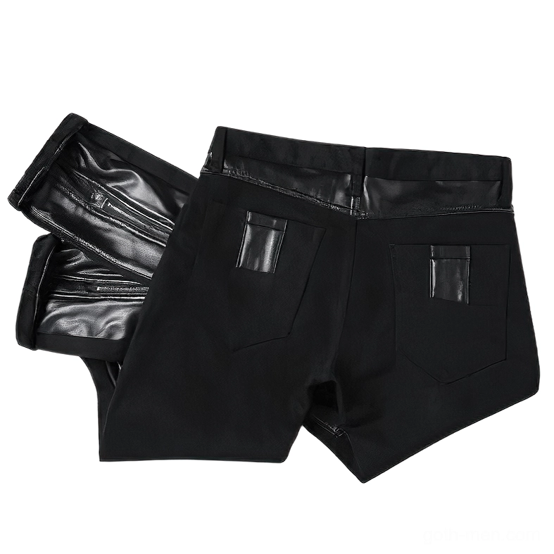 Alternative angle of mens black slim fit gothic biker trousers - patchwork leather panels and decorative zipper embellishments