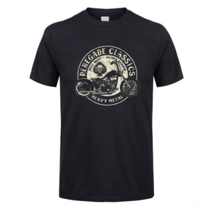 Black gothic biker motorcycle graphic t-shirt front view flat lay vintage aesthetic