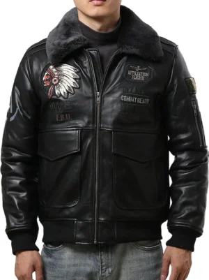 Black gothic lambskin bomber jacket front view with detachable fur collar and embroidered vintage military patches