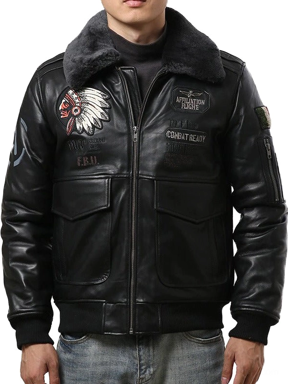 Black gothic lambskin bomber jacket front view with detachable fur collar and embroidered vintage military patches
